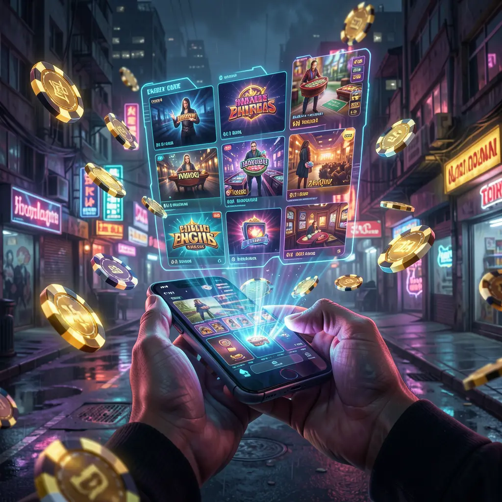 Futuristic casino app interface with glowing chips and holographic game elements floating above a smartphone display