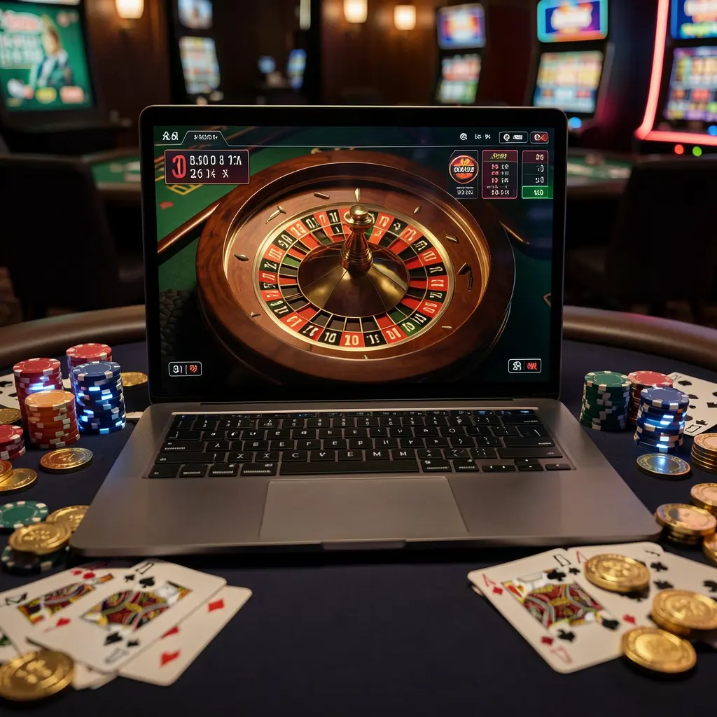 Online roulette game on a laptop surrounded by casino chips and playing cards creating a premium digital gambling atmosphere offered by FG8 Casino in Bangladesh