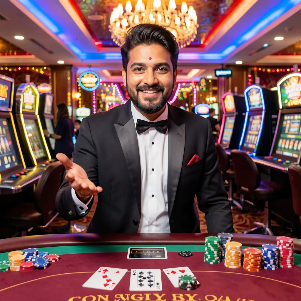 Welcoming Bangladeshi casino dealer inviting players to sign in with a friendly gesture and glowing chips on the FG8 platform