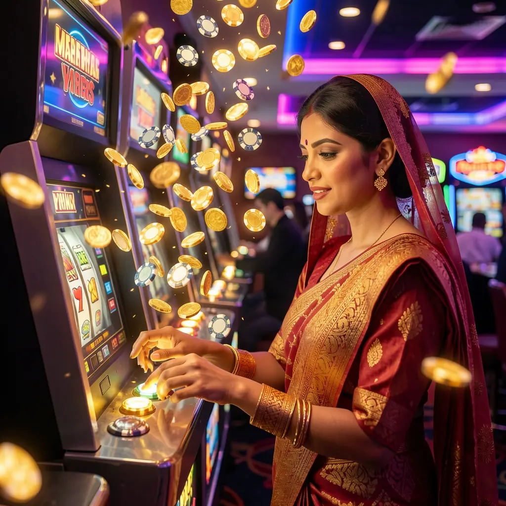 A confident Bangladeshi player activating a modern slot machine as golden coins rain down, highlighting the thrilling casino experience at FG8